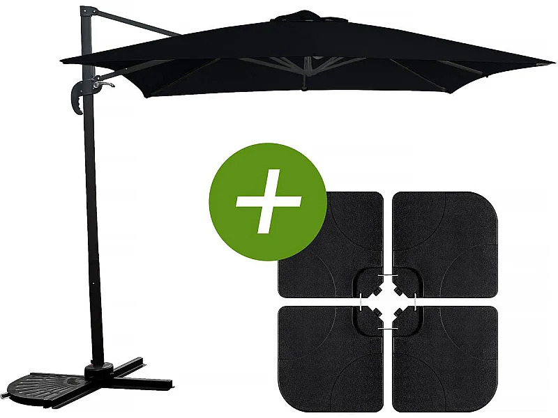 Parasol jardin déporté "Soleil" - Carré - 2.5 x 2.5 m - Noir + Dalles à lester incluses