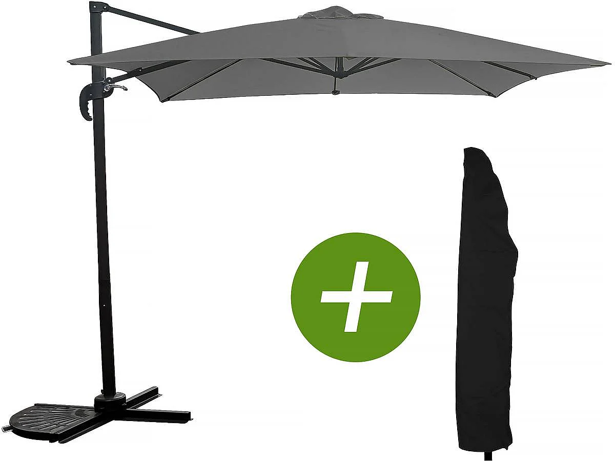 Parasol jardin déporté "Soleil" - Carré - 2.5 x 2.5 m - Gris + Housse de protection