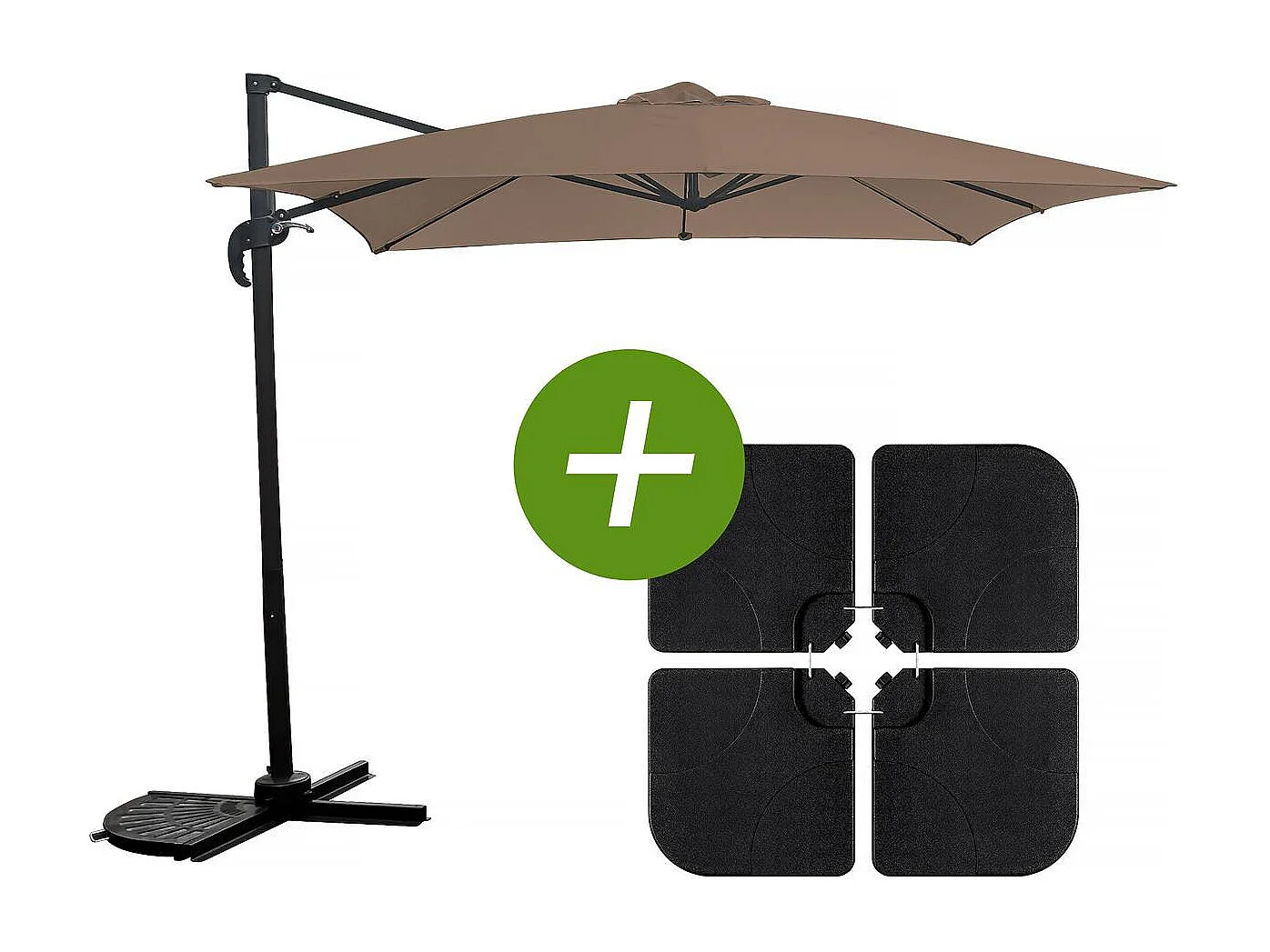 Parasol vrijhangend tuin zweefparasol "Soleil" - Vierkant - 2,5 x 2,5 m - Taupe + inclusief parasolvoet tegel / parasoltegels