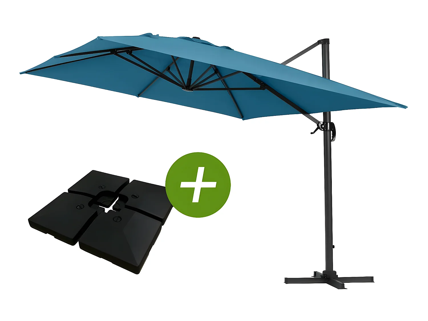 Parasol jardin déporté Alu "Sun 4" - Rectangle - 3 x 4 m - Bleu - Dalles à lester incluses
