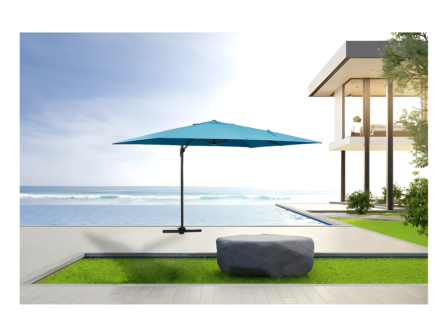 Parasol jardin déporté Alu "Sun 4" - Rectangle - 3 x 4 m - Bleu - Dalles à lester incluses