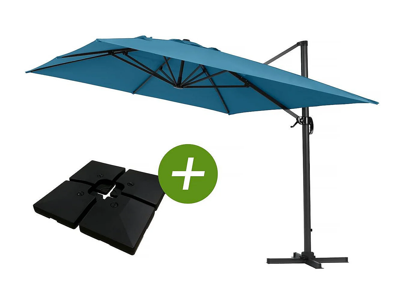 Parasol jardin déporté Alu "Sun 4" - Rectangle - 3 x 4 m - Bleu - Dalles à lester incluses