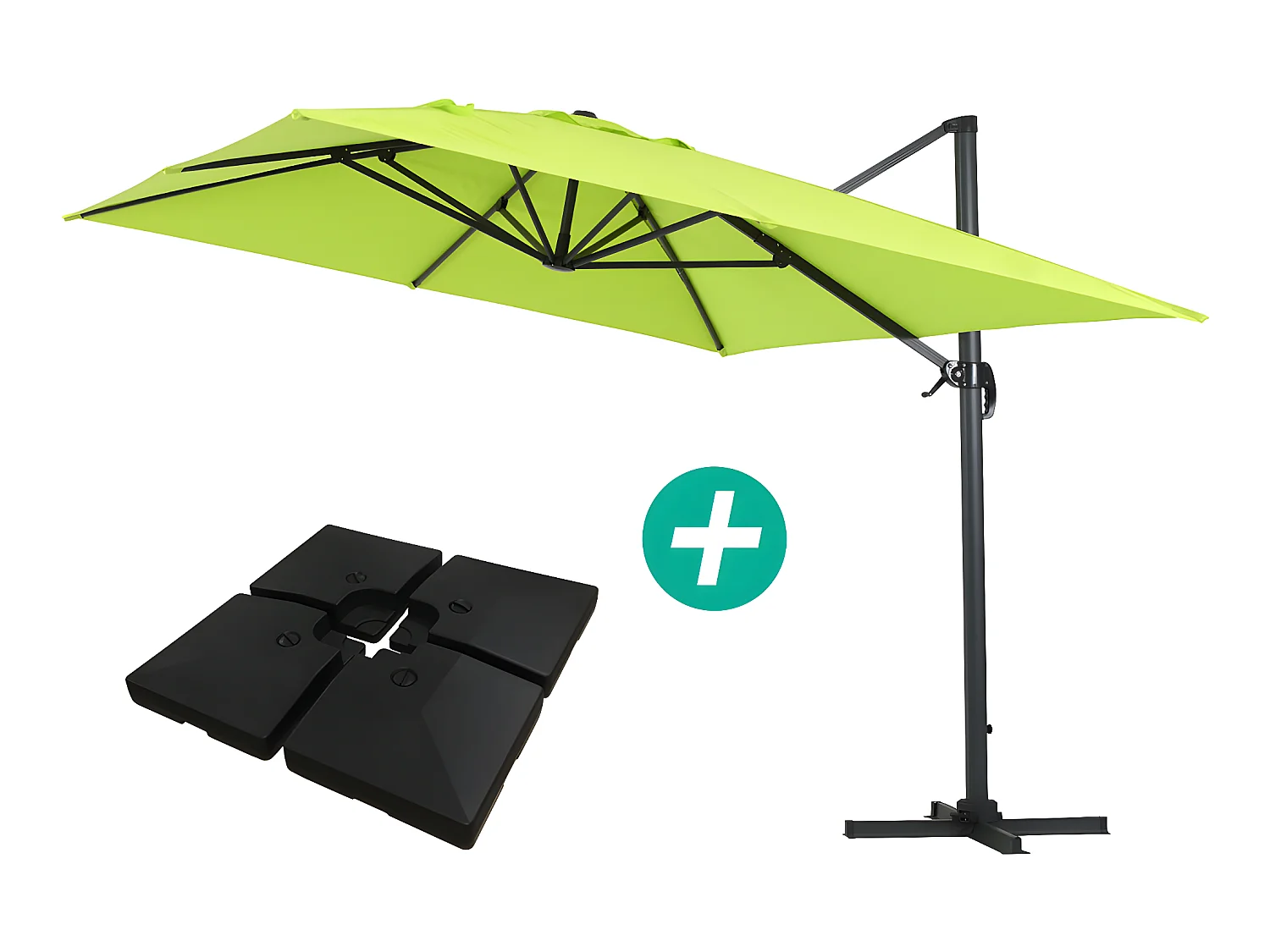 Aluminium zweefparasol "Sun 4" rechthoekig 3x4m groen met bijgeleverde gewichtsplaten