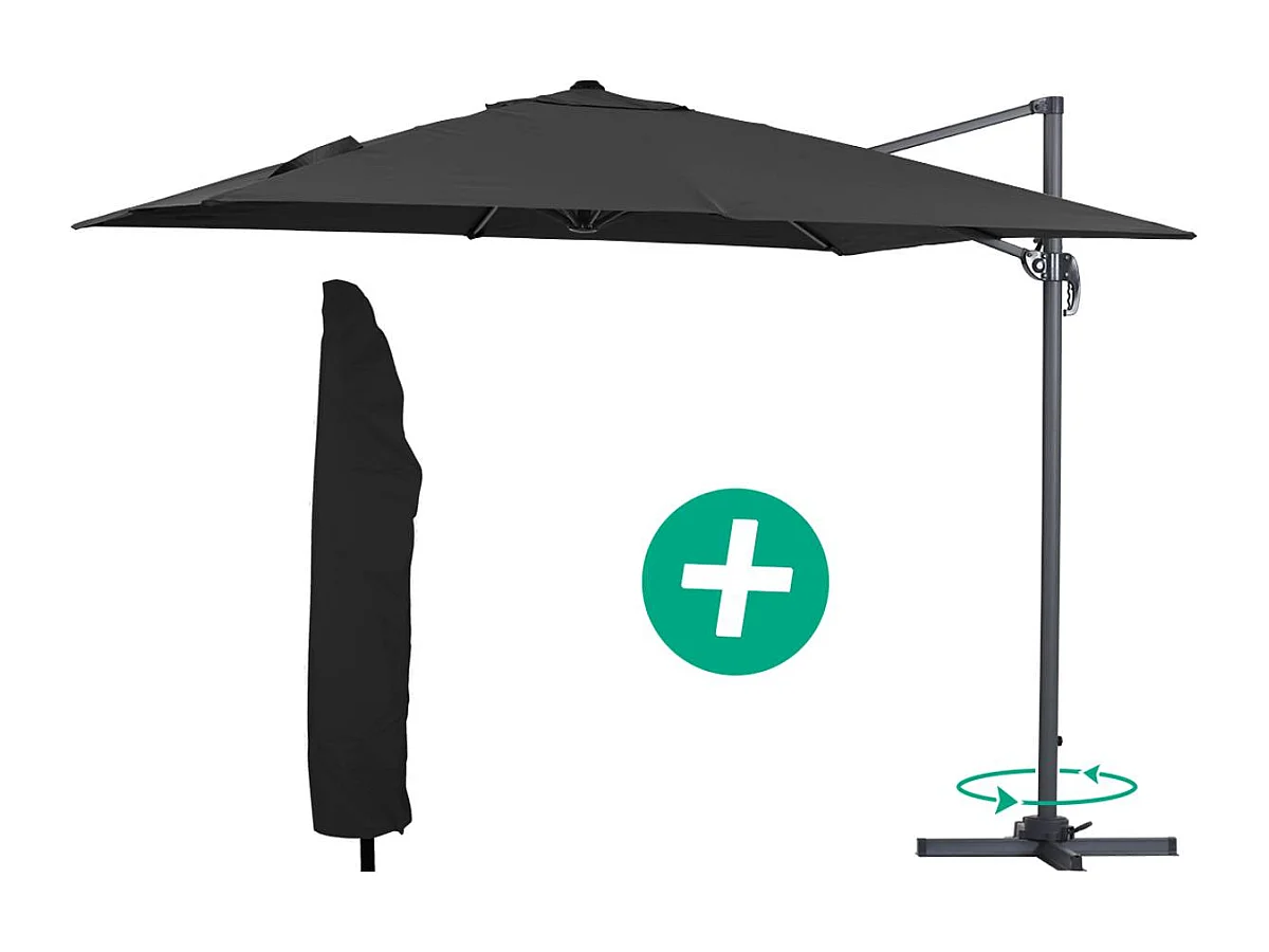 Parasol jardin déporté Alu "Sun 3" - Carré - 3 x 3 m - Noir + housse de protection