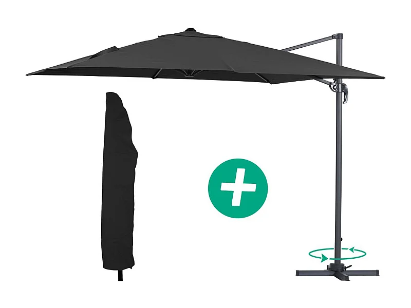 Parasol jardin déporté Alu "Sun 3" - Carré - 3 x 3 m - Noir + housse de protection