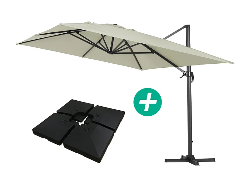 Parasol jardin déporté Alu "Sun 4 " - Rectangle - 3 x 4 m - Ecru - Dalles à lester incluses