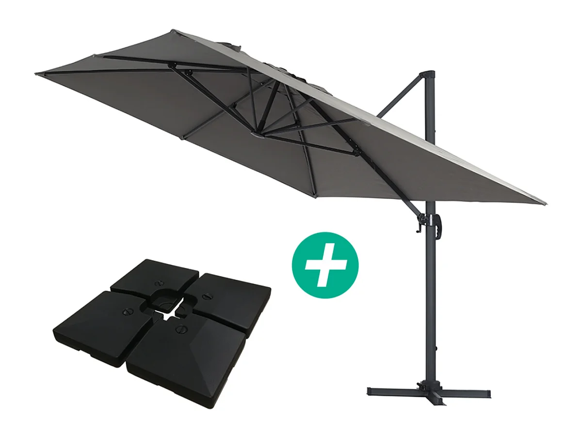 Parasol jardin déporté Alu "Sun 4 " - Rectangle - 3 x 4 m - Gris - Dalles à lester incluses