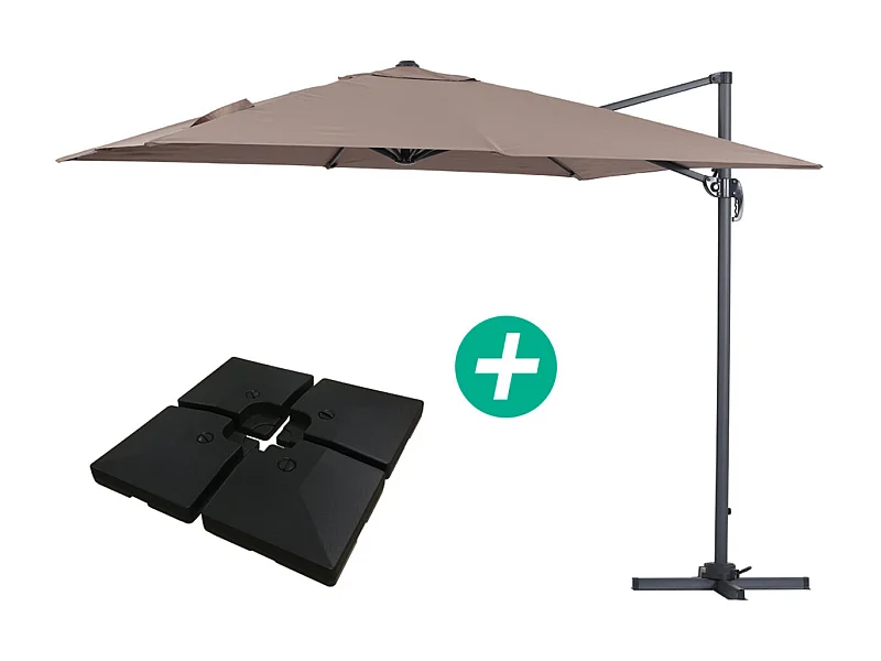 Parasol jardin déporté Alu "Sun 3" - Carré - 3 x 3 m - Taupe - Dalles incluses