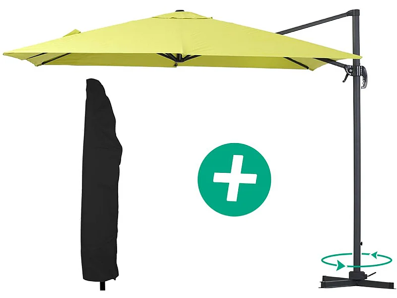 Parasol jardin déporté Alu "Sun 3" - Carré - 3 x 3 m - Vert + housse de protection