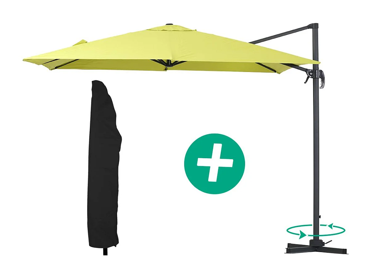 Parasol jardin déporté Alu "Sun 3" - Carré - 3 x 3 m - Vert + housse de protection