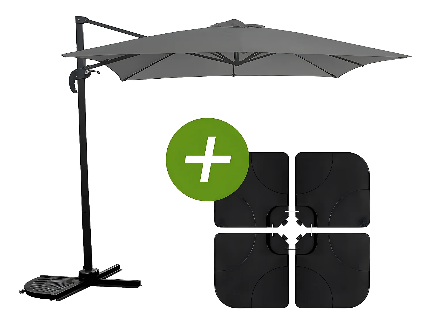 Parasol jardin déporté "Soleil" - Carré - 2.5 x 2.5 m - Gris + Dalles à lester incluses