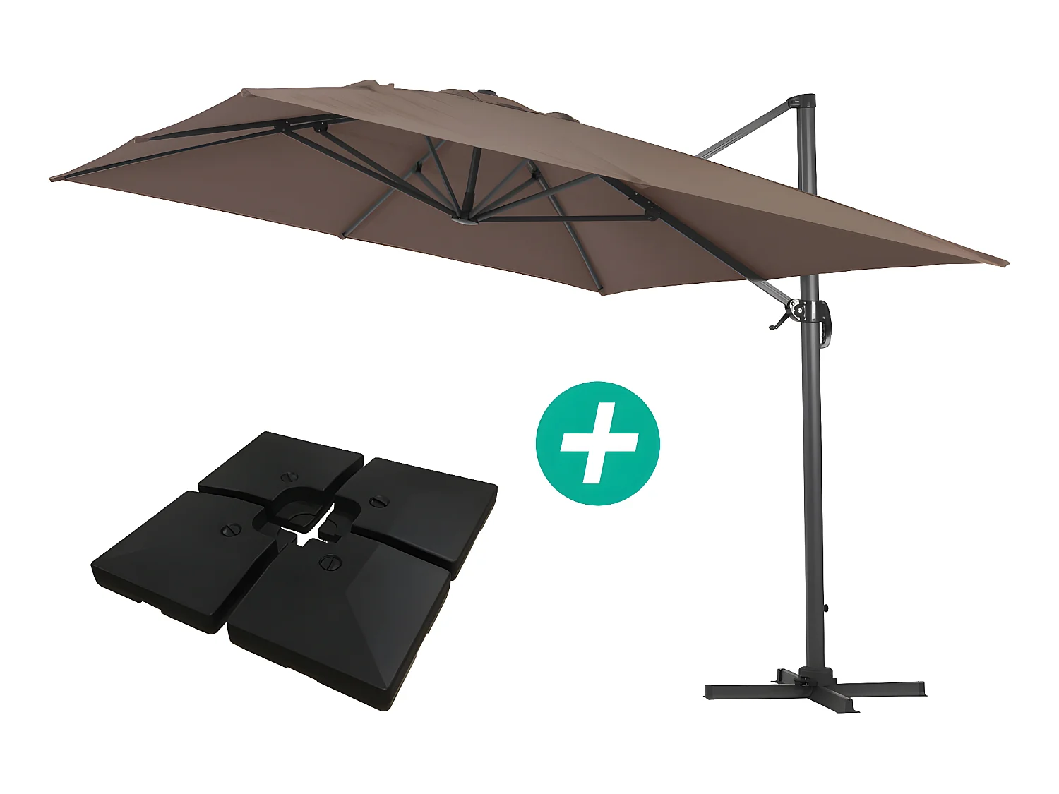 Parasol jardin déporté Alu "Sun 4 " - Rectangle - 3 x 4 m - Taupe - Dalles à lester incluses