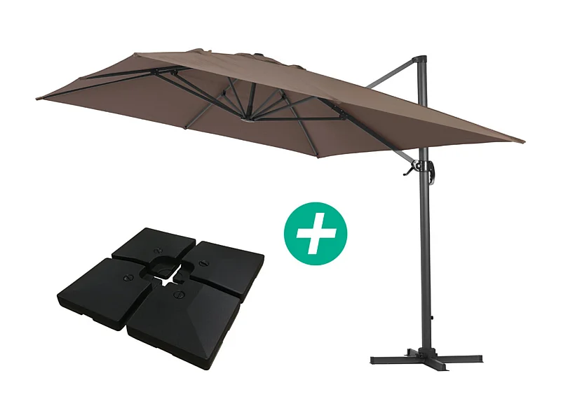 Parasol vrijhangend tuin zweefparasol Aluminium "Sun 4" - Rechthoekig - 3 x 4 m - Taupe - grijs bruin - Inclusief parasolvoet tegel / parasoltegels