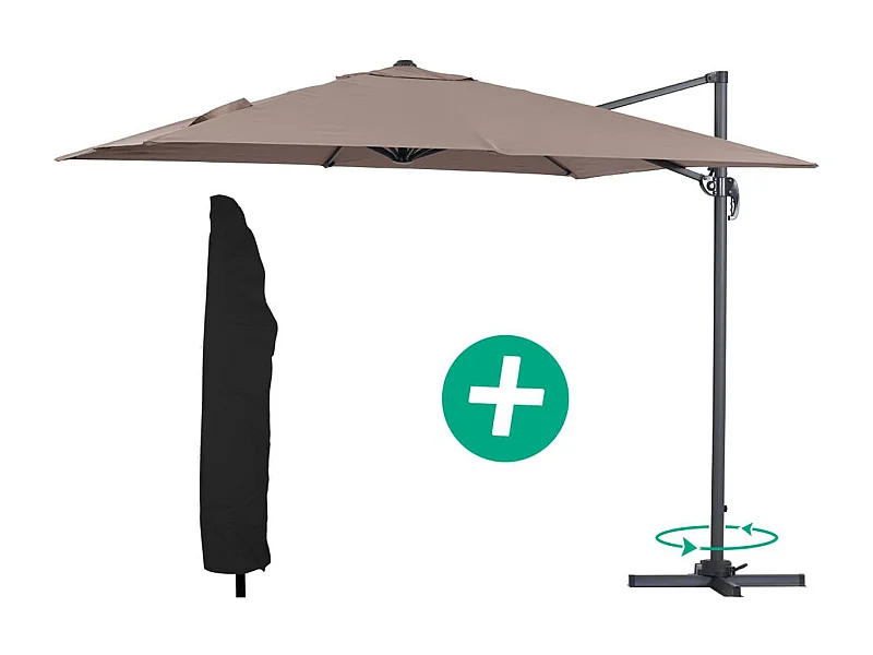 Parasol jardin déporté Alu "Sun 3" - Carré - 3 x 3 m - Taupe + housse de protection