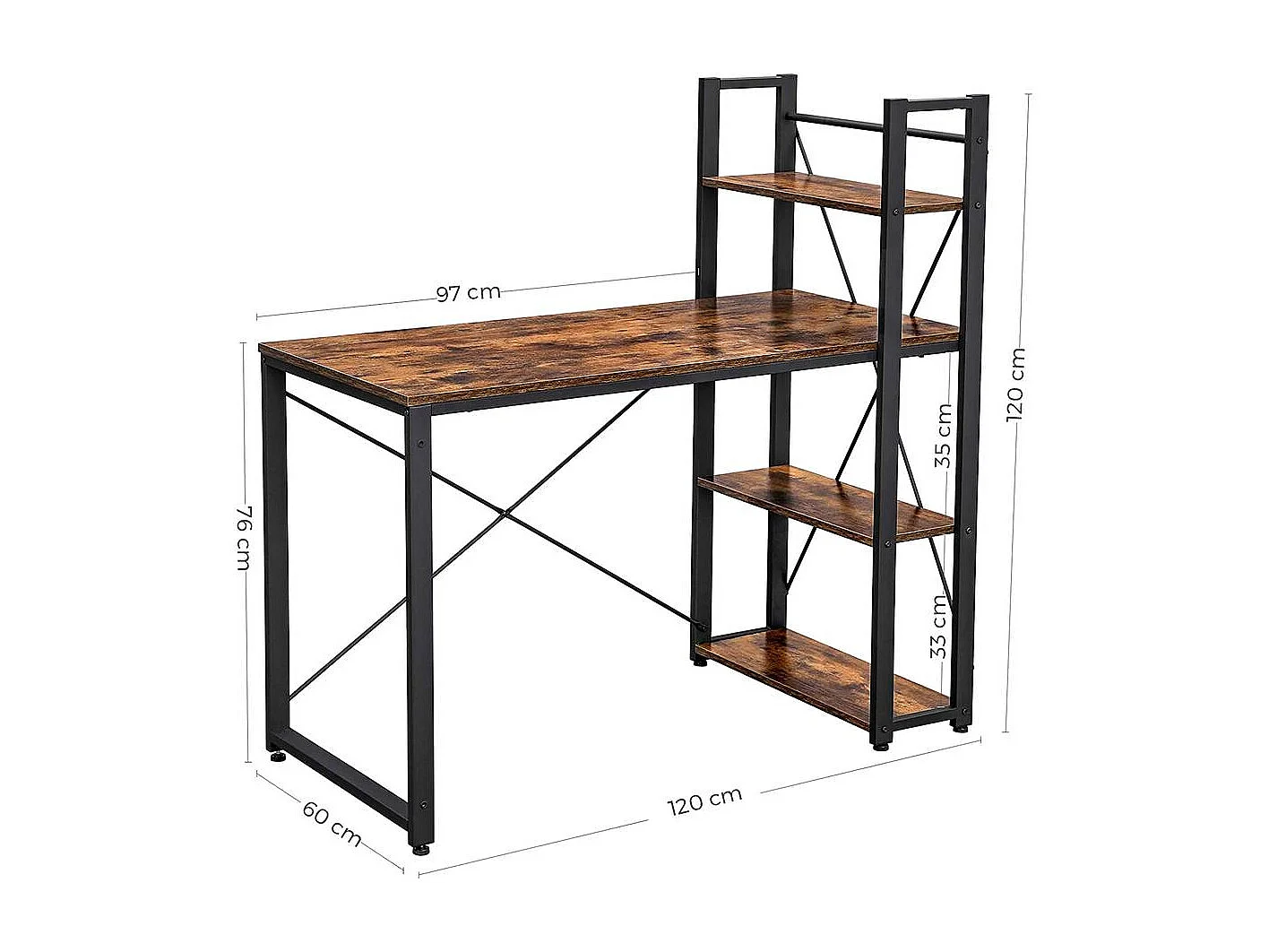 Skrivebord 120 cm langt vintage brun-sort