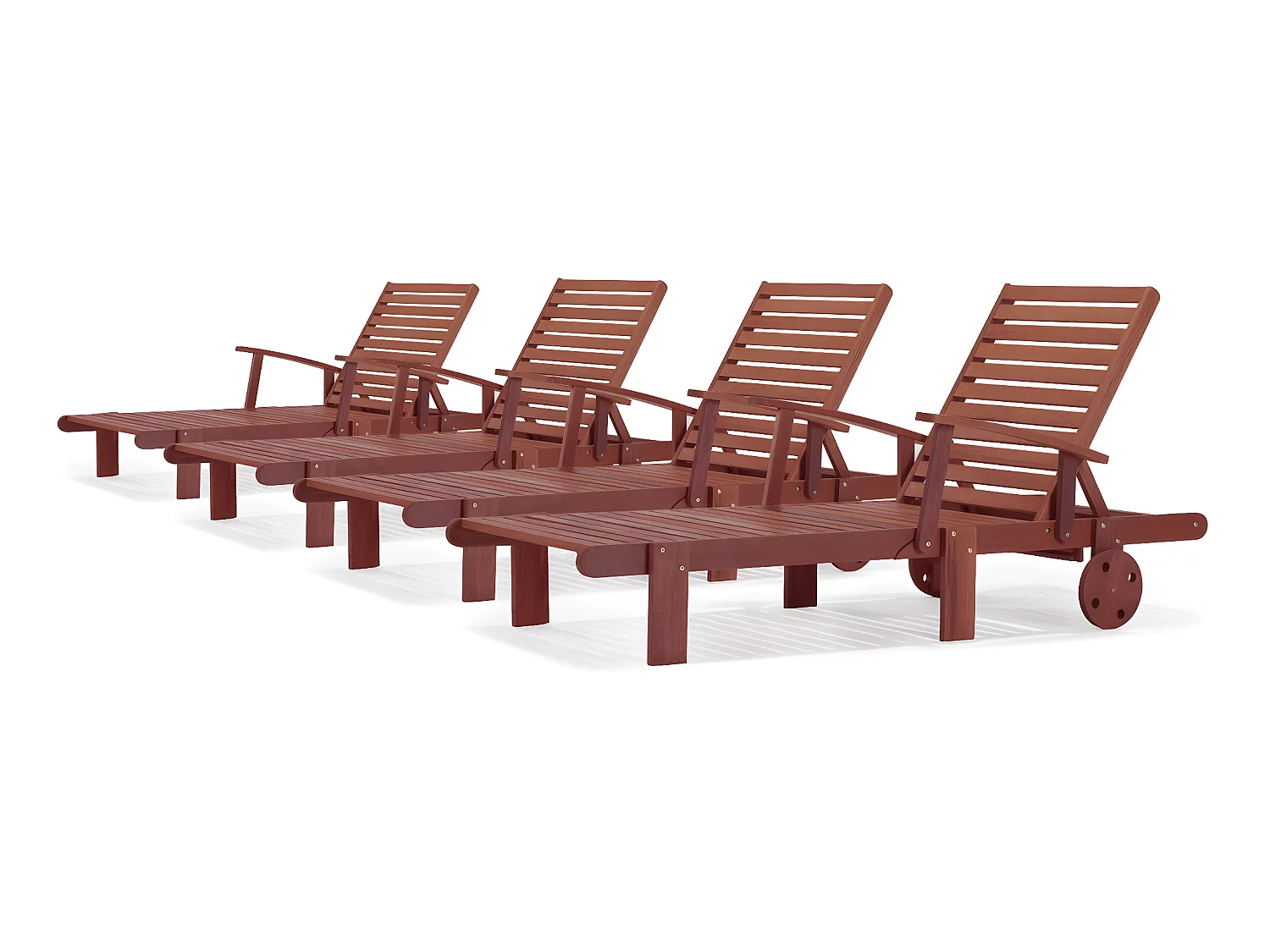Conjunto de 4 espreguiçadeiras dobráveis de madeira exótica "Tokyo" com mesa lateral e rodas de transporte - Mogno