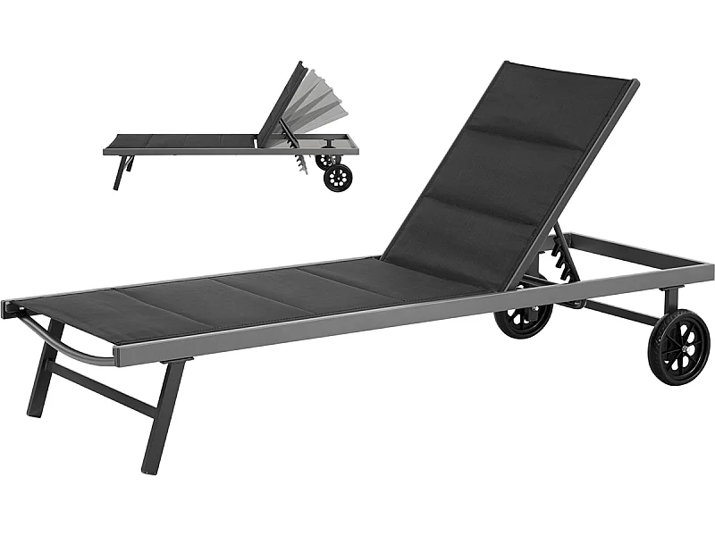 Espreguiçadeira em textilene acolchoado e alumínio "Bella" - Phoenix - Preto, com múltiplas posições ajustáveis e rodas móveis para um conforto ótimo