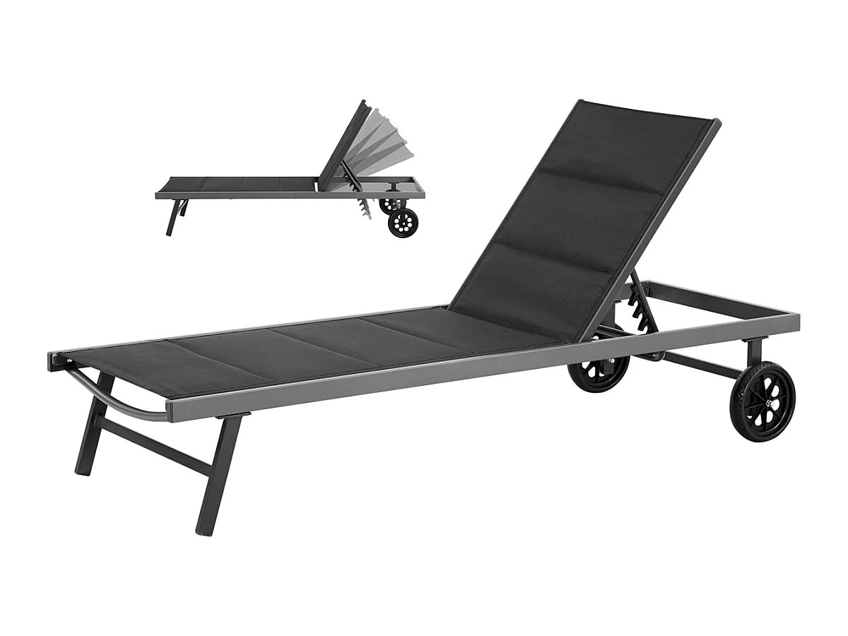 Ligbed van gewatteerd textilene en aluminium "Bella" - Phoenix - Zwart, met meerdere verstelbare posities en verplaatsbare wielen voor optimaal comfort