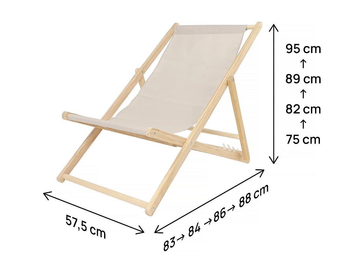 Lot de 2 transats en bois "Chilienne" - 107 x 56.5 x 81 cm - Ecru