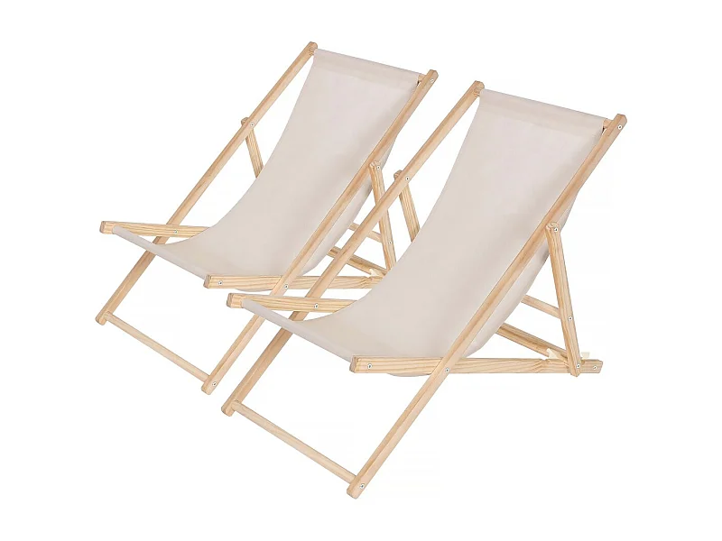 Lot de 2 transats en bois "Chilienne" - 107 x 56.5 x 81 cm - Ecru