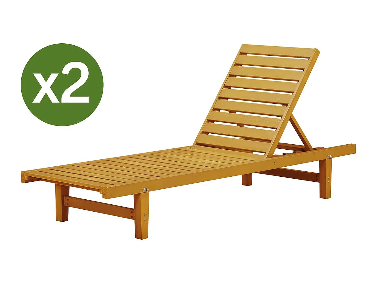 Set van 2 ligstoelen van hout "Rawai" - Lichtbruin, verstelbare rugleuning