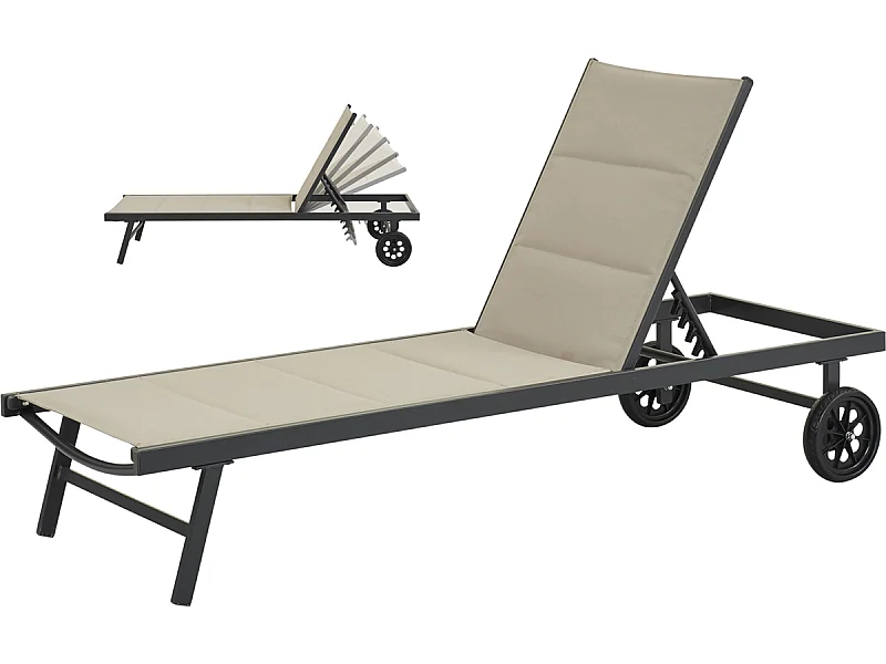 Espreguiçadeira de textilene acolchoado e alumínio "Bella" - Phoenix - Taupe, encosto reclinável em várias posições e rodas para um conforto ótimo