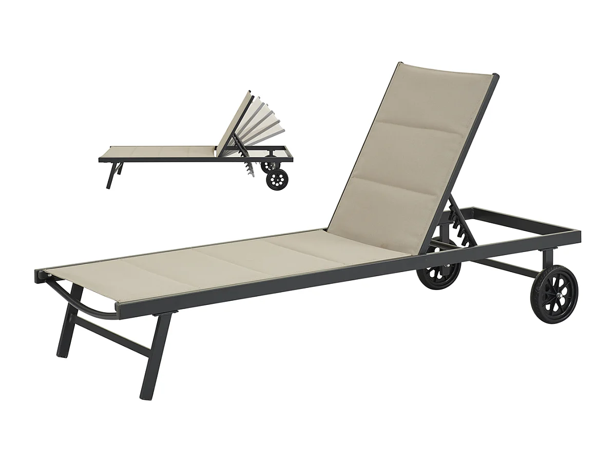 Gewatteerde Textilene Ligstoel "Bella" - Phoenix - Taupe, meervoudig verstelbare rugleuning en wielen voor optimaal comfort