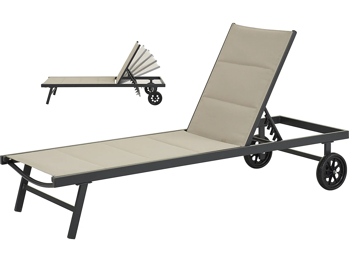 Gewatteerde Textilene Ligstoel "Bella" - Phoenix - Taupe, meervoudig verstelbare rugleuning en wielen voor optimaal comfort