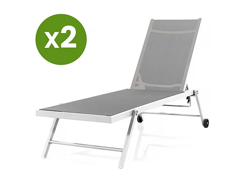 Tumbonas en textileno y aluminio "Jolia"  - Phoenix  - Lote  de 2 - Gris/Blanco