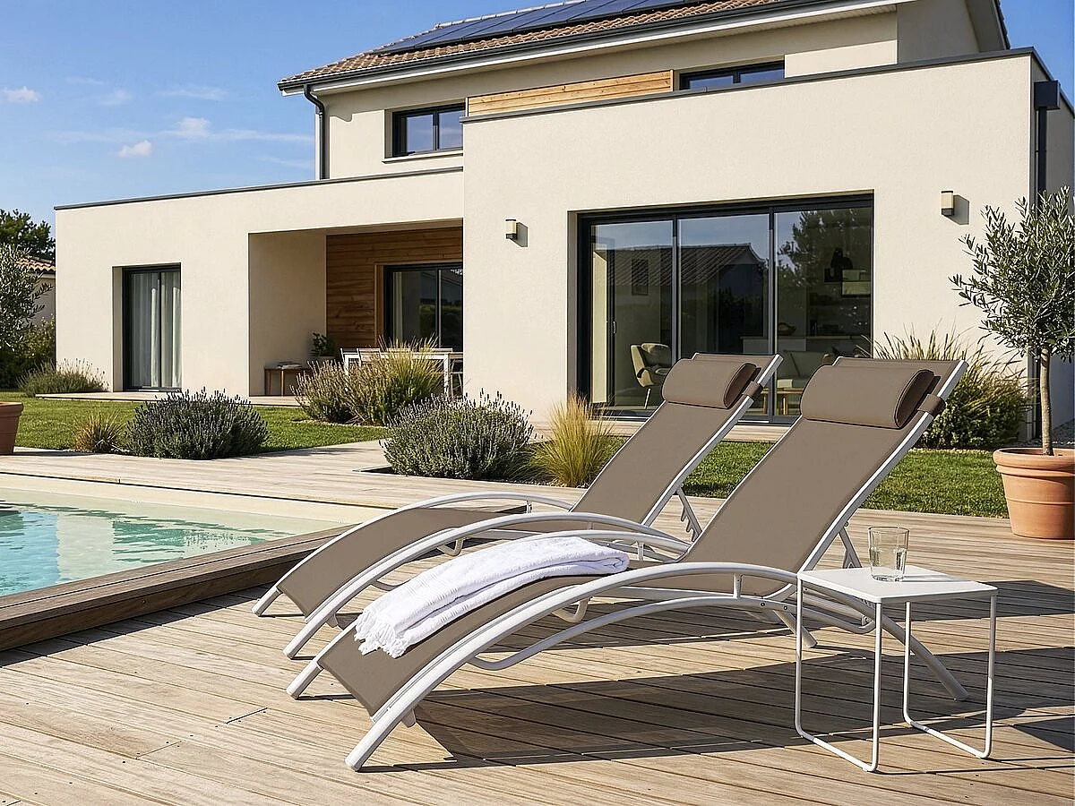Ligbed ligstoel aluminium "Beauty" - Phoenix - Taupe - grijs bruin - Set 2 stuks