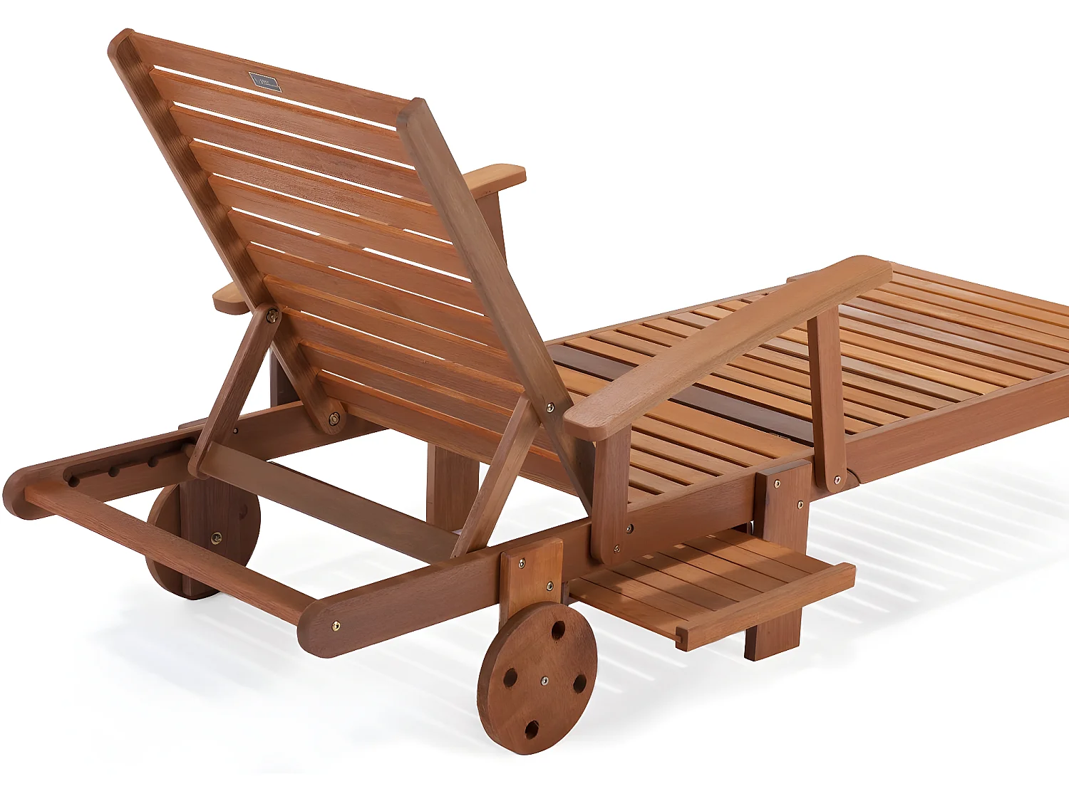 Conjunto de 4 espreguiçadeiras dobráveis em madeira exótica "Tokyo" com mesa lateral e rodas de transporte - Castanho claro