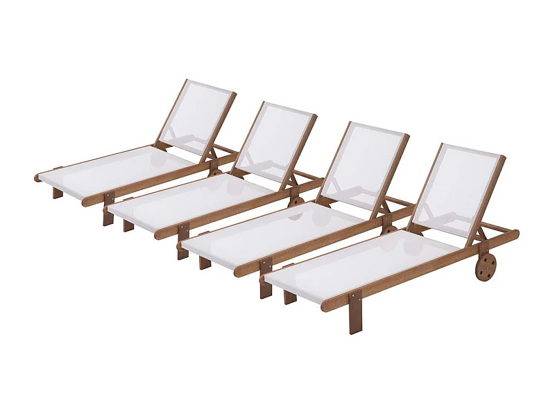 Set van 4 ligbedden van exotisch hout "Saigon" met 4-voudig verstelbare rugleuning en achterwielen voor optimaal comfort