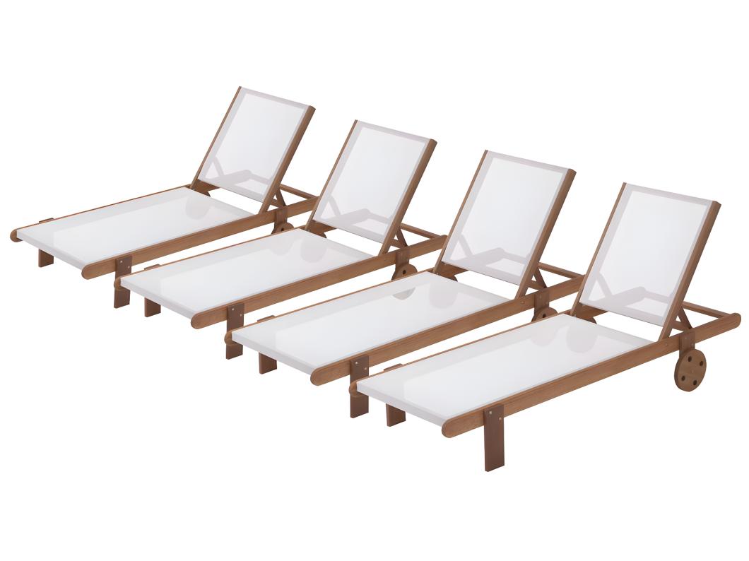 Set van 4 ligbedden van exotisch hout "Saigon" met 4-voudig verstelbare rugleuning en achterwielen voor optimaal comfort