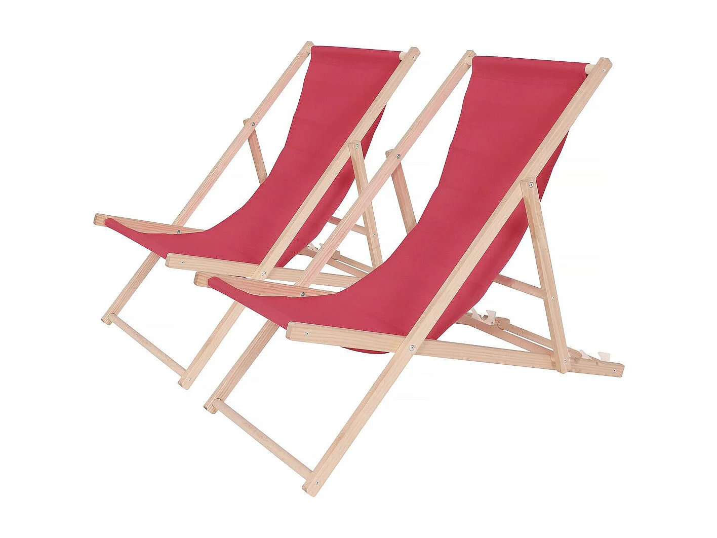 Set van 2 opvouwbare en stapelbare houten ligstoelen "Chilienne", rode zitting, 107 x 56,5 x 81 cm