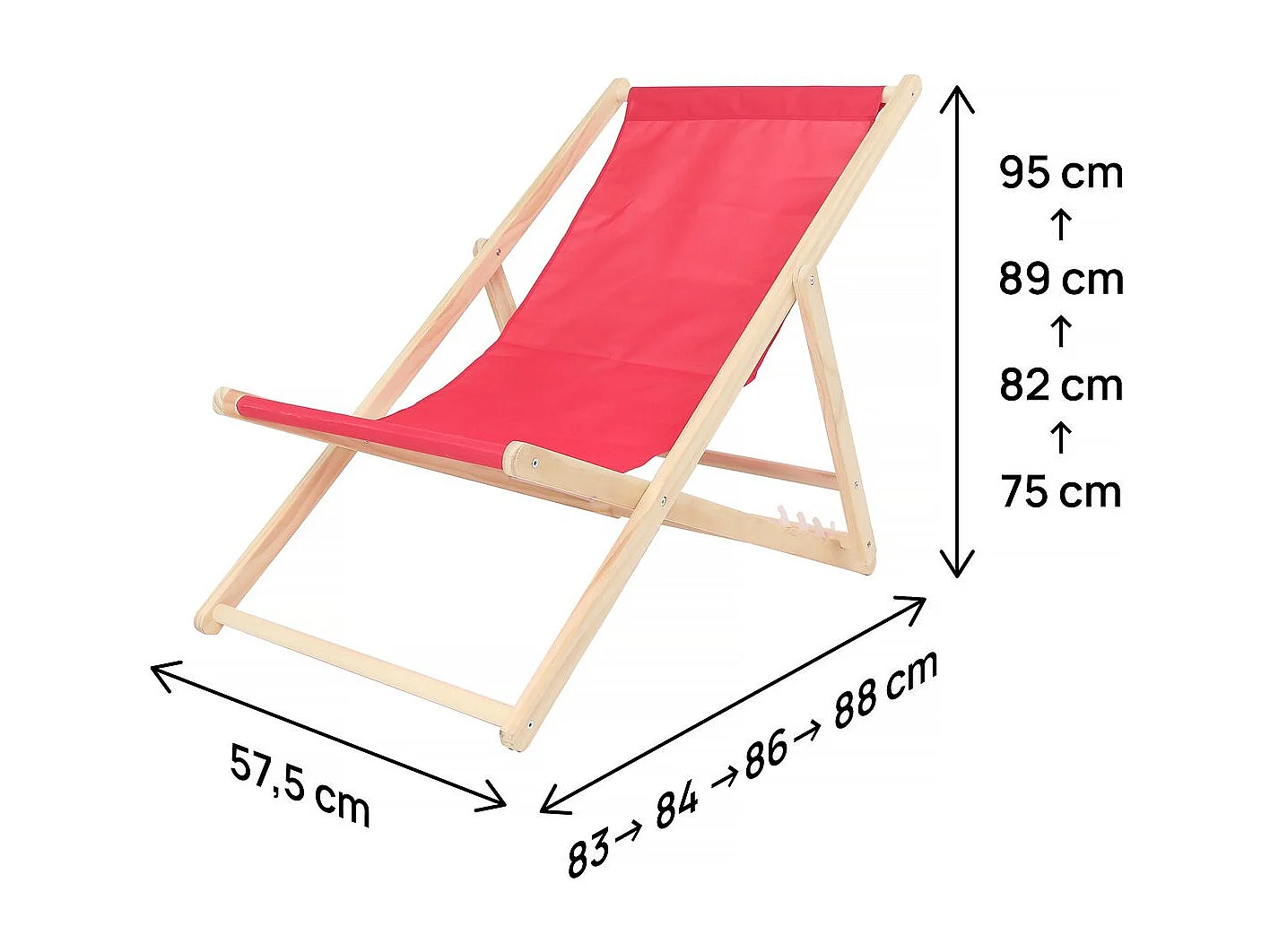 Lot de 2 transat en bois "Chilienne" - 107 x 56.5 x 81 cm - Rouge