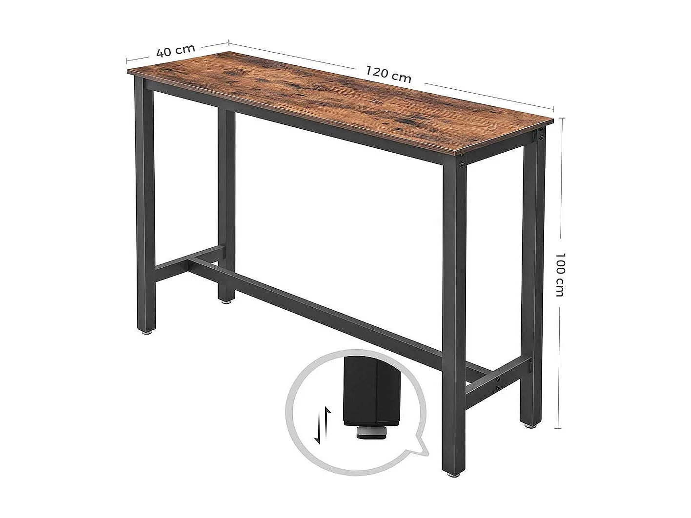 VASAGLE Barbord, smalt rektangulært barbord, køkkenbord, pub-spisebord, robust metalramme, 120 x 40 x 100 cm, nem montering, industrielt design, rustik brun og