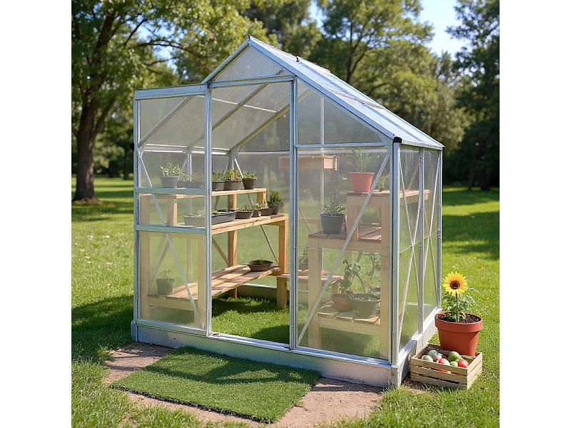 Serra da Giardino Policarbonato "Diamant 46" con Base - 2,28m², Porta Scorrevole, Lucernario e Grondaie