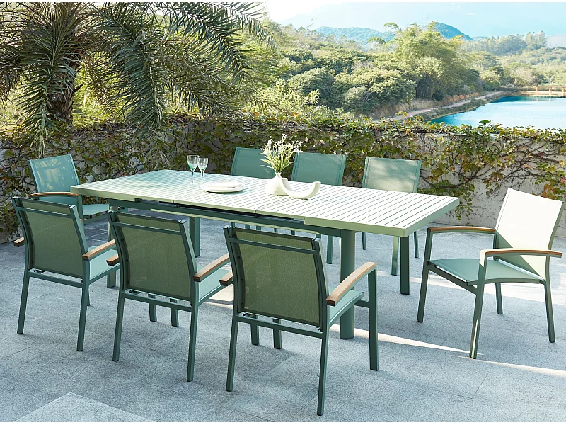 Garten-Essgruppe: Tisch ausziehbar L. 180/240 cm + 8 stapelbare Sessel - Aluminium - Grün - NAURU von MYLIA