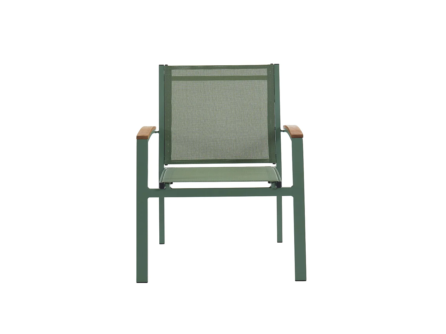 Salle à manger de jardin en aluminium : une table extensible L.180/240cm et 8 fauteuils empilables avec accoudoirs acacia - Vert amande - NAURU de MYLIA