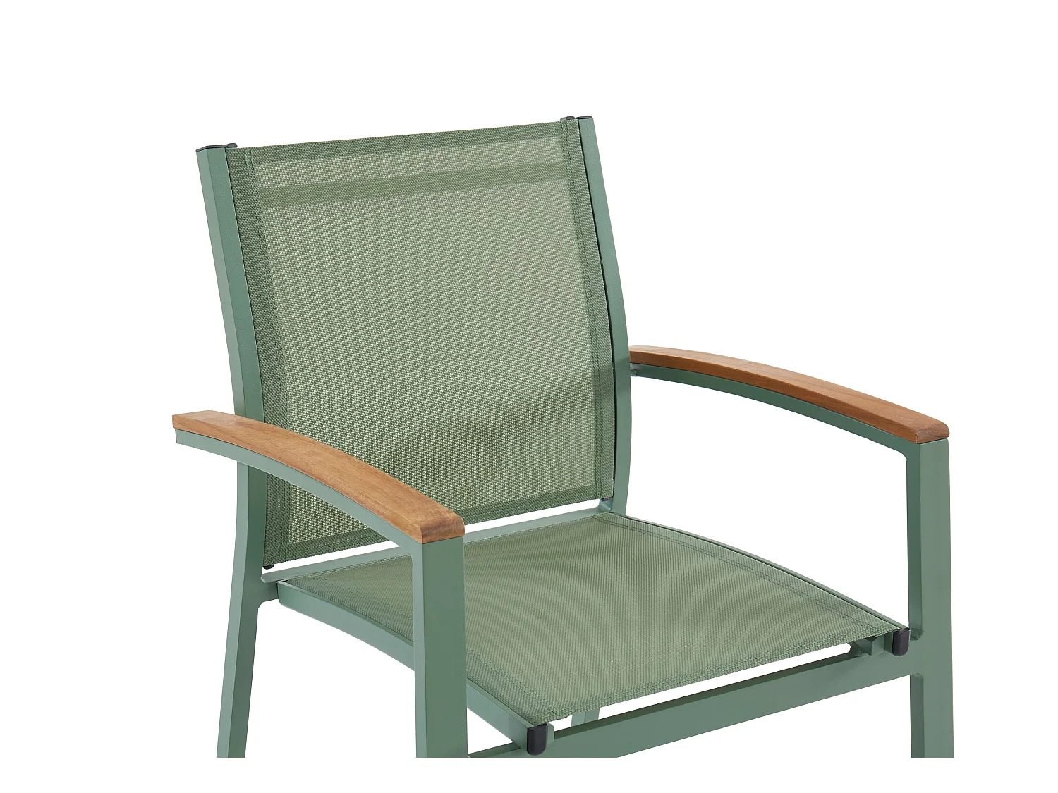 Salle à manger de jardin en aluminium : une table extensible L.180/240cm et 8 fauteuils empilables avec accoudoirs acacia - Vert amande - NAURU de MYLIA