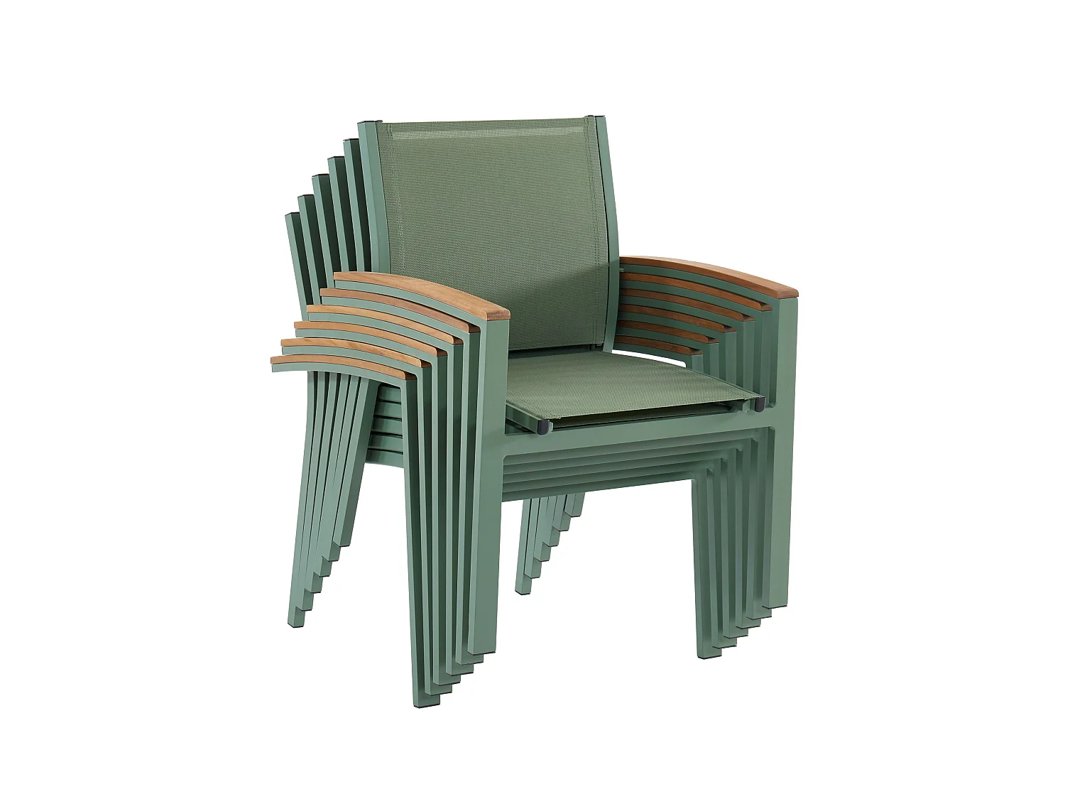 Salle à manger de jardin en aluminium : une table extensible L.180/240cm et 8 fauteuils empilables avec accoudoirs acacia - Vert amande - NAURU de MYLIA