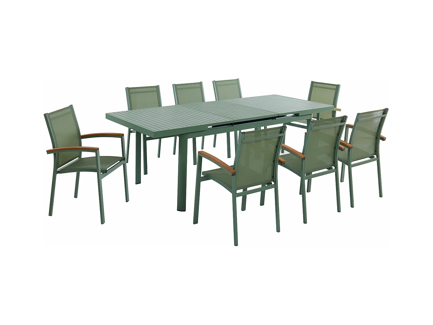 Salle à manger de jardin en aluminium : une table extensible L.180/240cm et 8 fauteuils empilables avec accoudoirs acacia - Vert amande - NAURU de MYLIA
