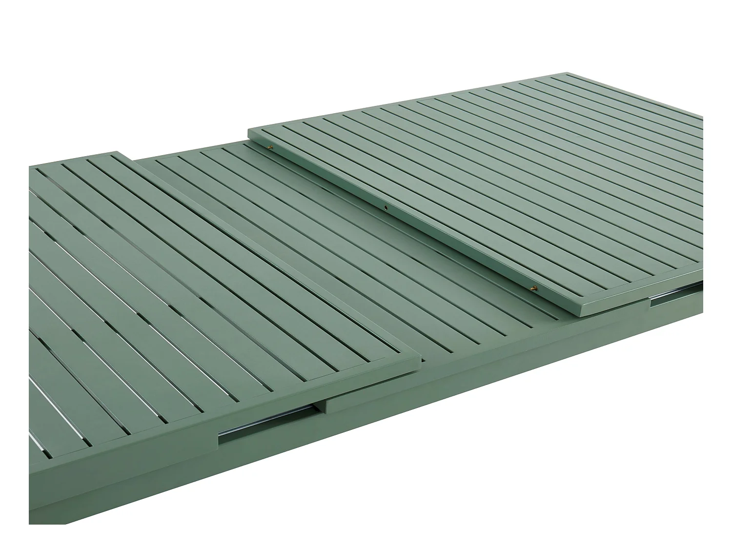 Salle à manger de jardin en aluminium : une table extensible L.180/240cm et 8 fauteuils empilables avec accoudoirs acacia - Vert amande - NAURU de MYLIA