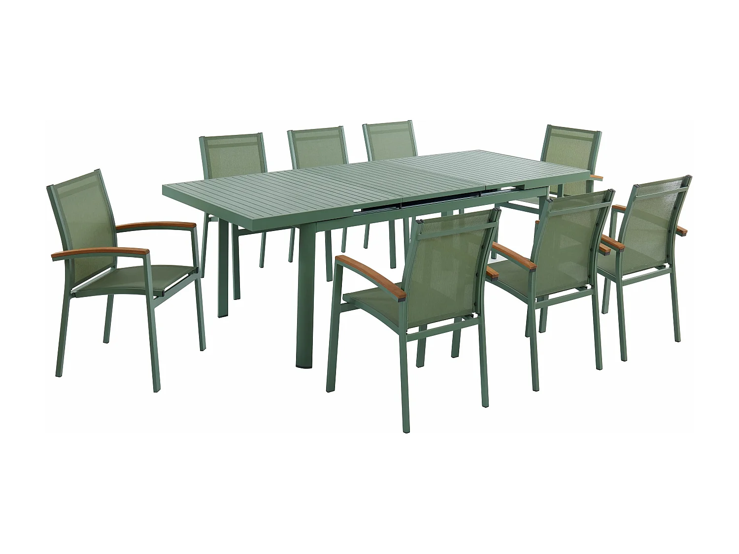Garten-Essgruppe: Tisch ausziehbar L. 180/240 cm + 8 stapelbare Sessel - Aluminium - Grün - NAURU von MYLIA