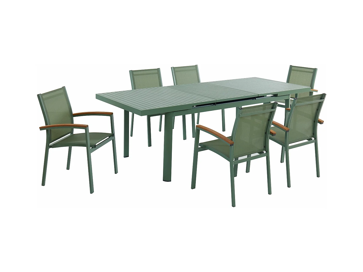 Garten-Essgruppe: Tisch ausziehbar L. 180/240 cm + 6 stapelbare Sessel - Aluminium - Grün - NAURU von MYLIA