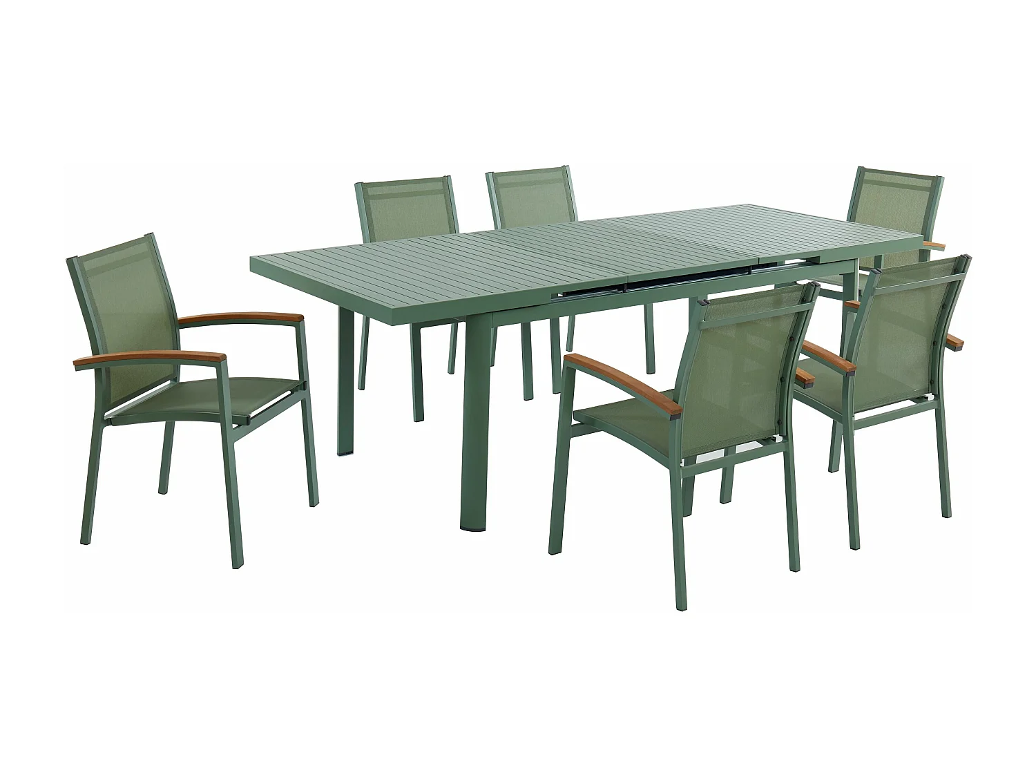 Garten-Essgruppe: Tisch ausziehbar L. 180/240 cm + 6 stapelbare Sessel - Aluminium - Grün - NAURU von MYLIA