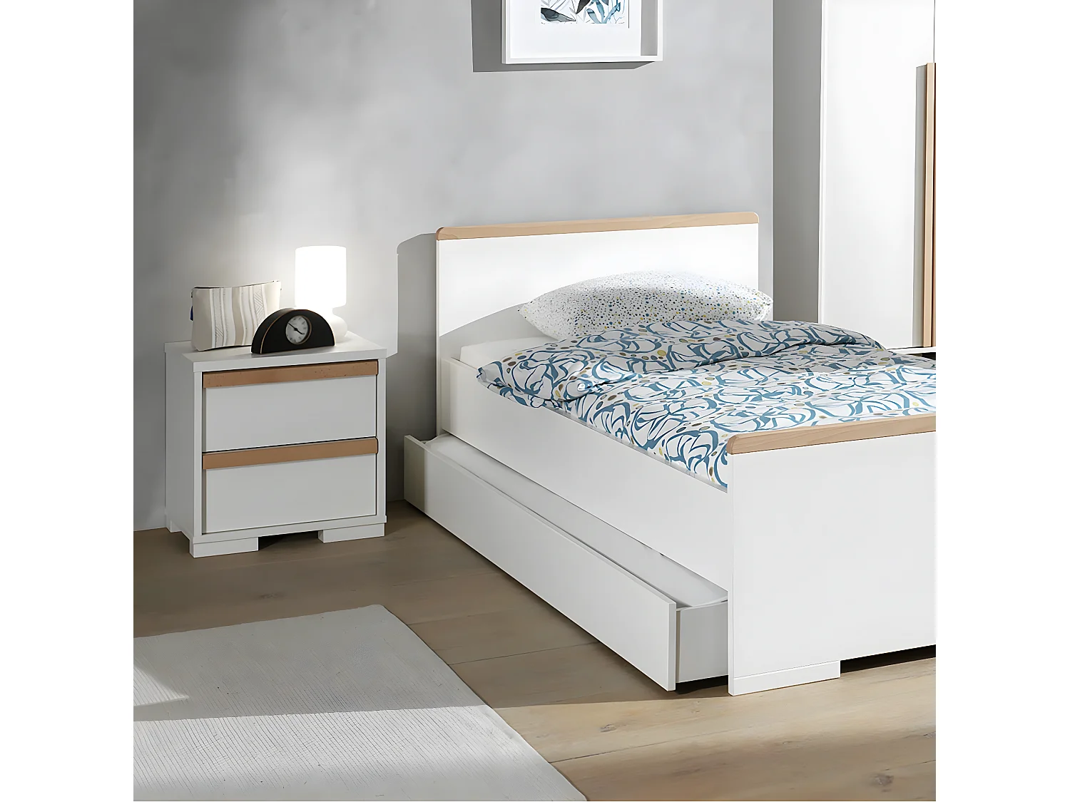 NASH WHITE - Chevet 2 Tiroirs Blanc et Bois