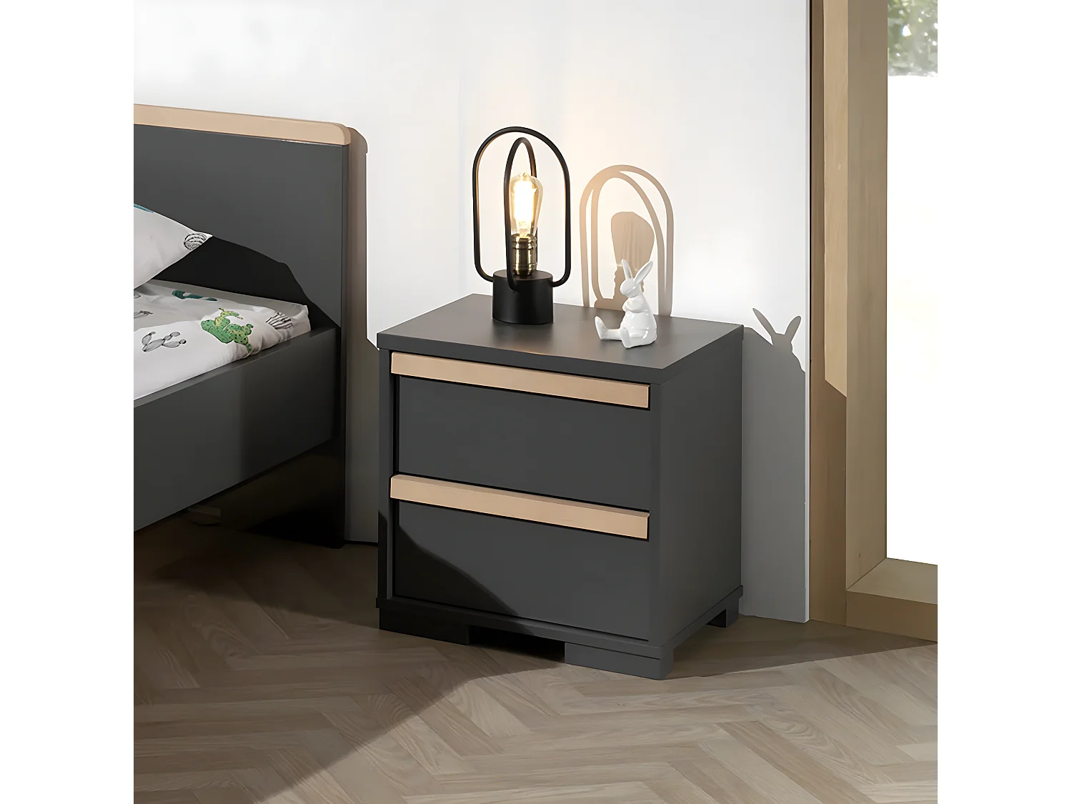 NASH DARK - Chevet 2 Tiroirs Anthracite et Bois