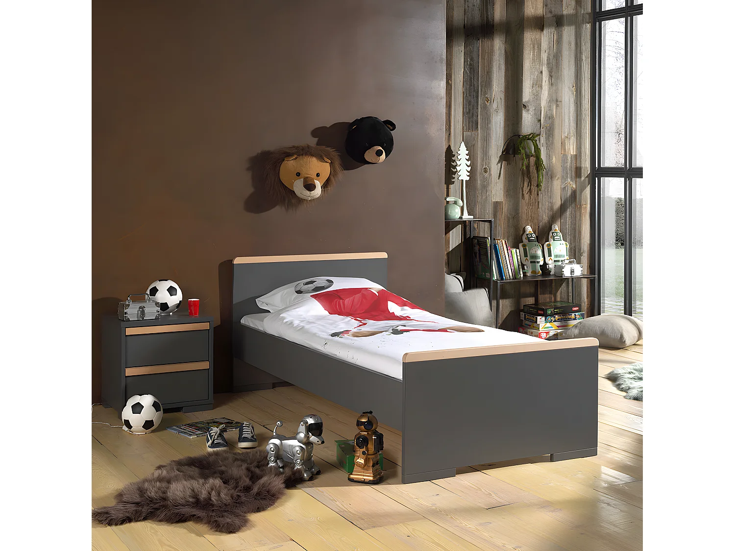 NASH DARK - Chevet 2 Tiroirs Anthracite et Bois