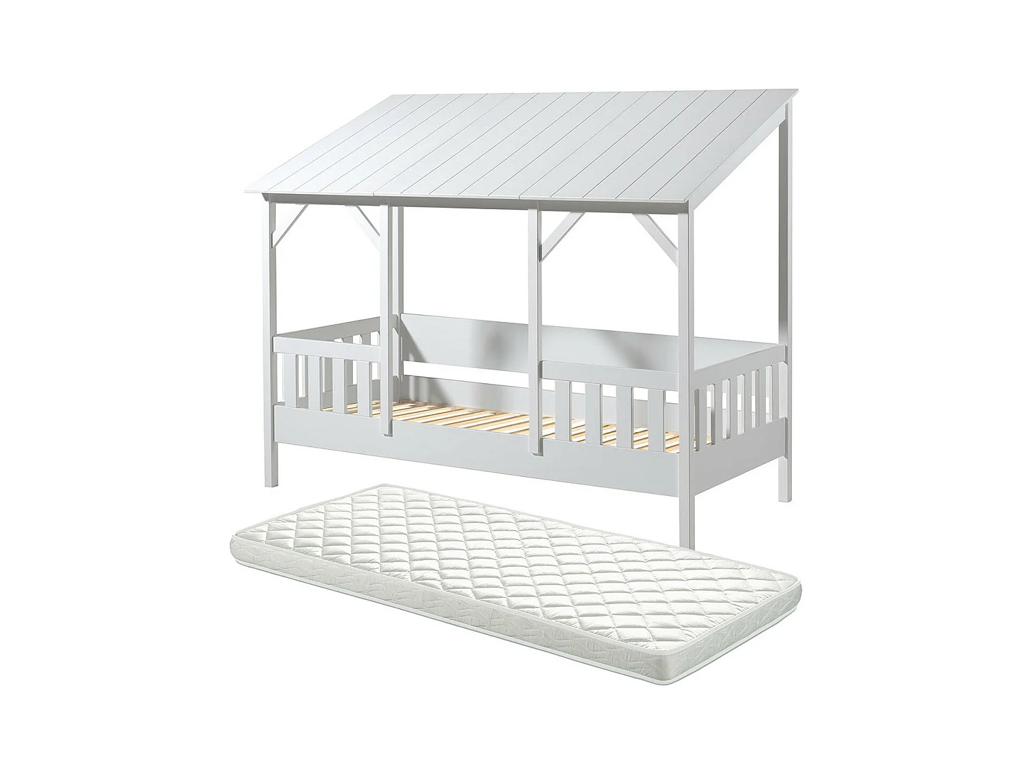 LAKA - Lit Maison 90x200cm Blanc + Sommier + Matelas